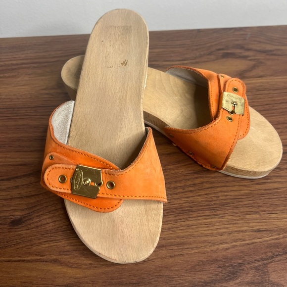VTG Dr. Scholl’s The Original Wood Sole Sz 6 Orange Sandals Y2K Made in Italy - Picture 4 of 14